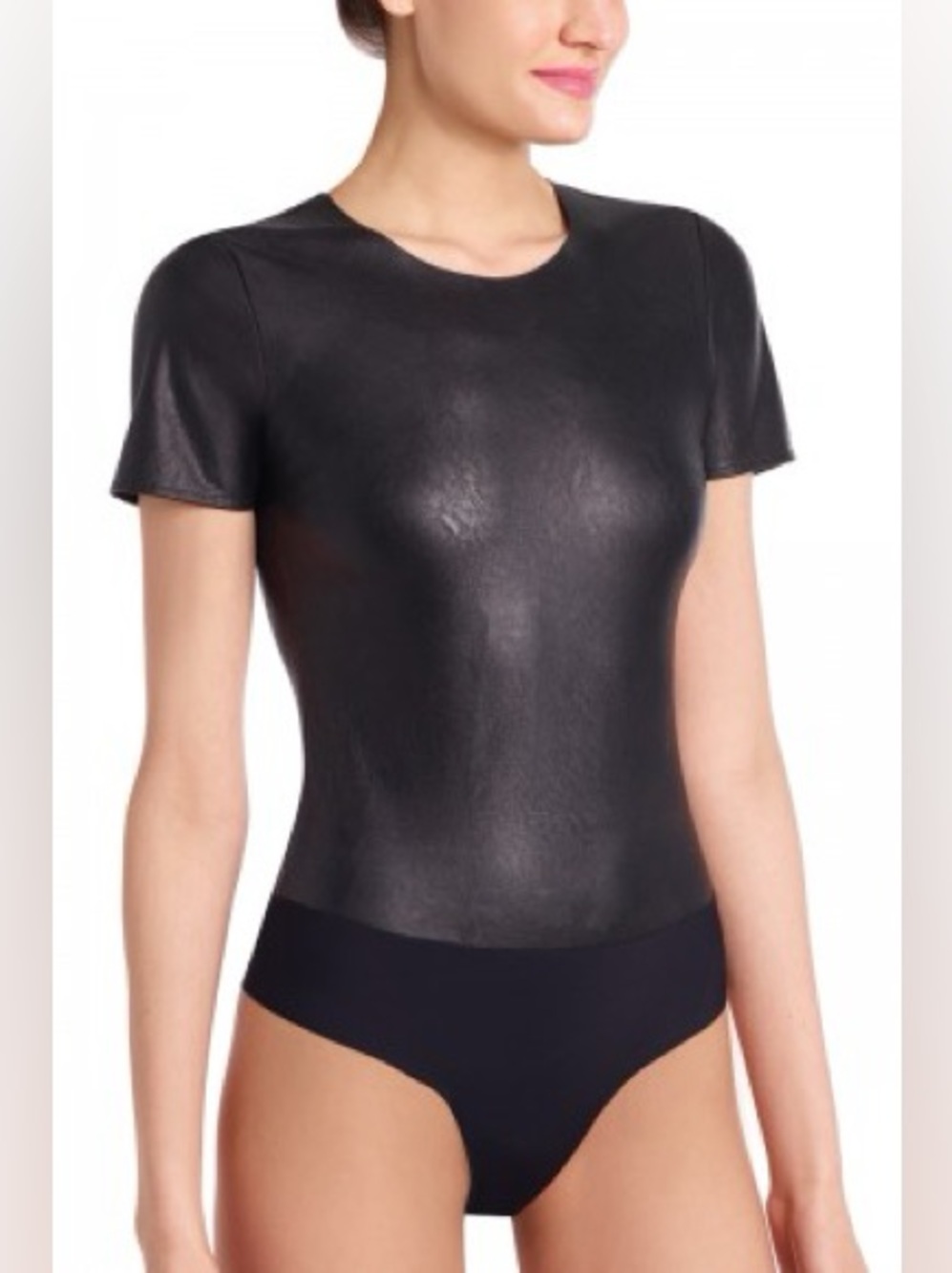 Commando Faux Leather Puff Sleeve Bodysuit Size S Black